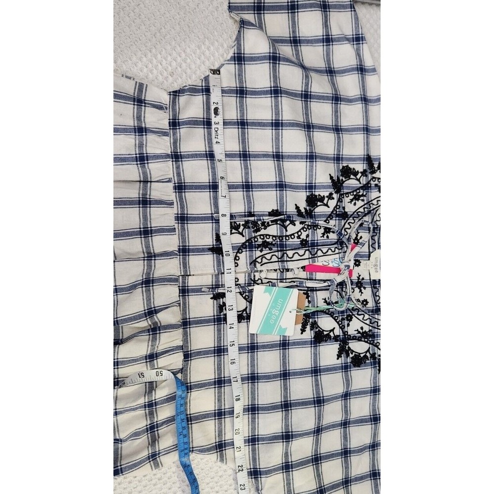 NEW Umgee Plaid Embroidered Short Sleeve Ivory Navy Babydoll Dress Women Boho L‎ - Picture 7 of 12